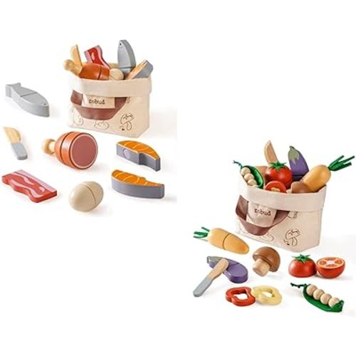 ROBUD Wooden Play Food for Kids Kitchen Cutting Set (Meat Set & Vegetable Set)