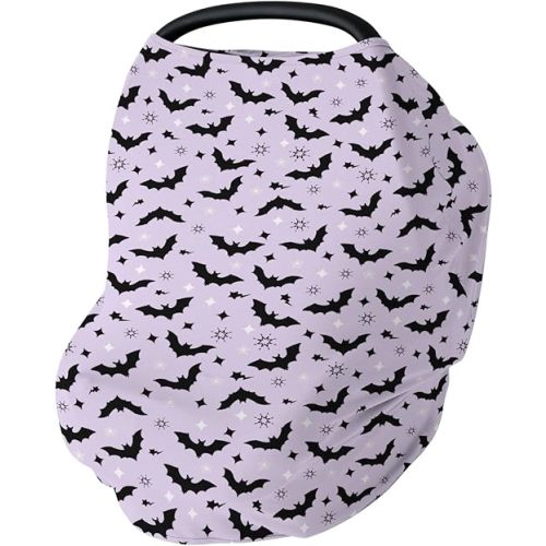Purple Pastel Halloween Baby Car Seat Covers Black Bat and Stars Stretchy 5-in-1 Cover Adjustable Infant Carseat Canopy Cover Spooky Halloween Night Breathable Nursing Cover-Up