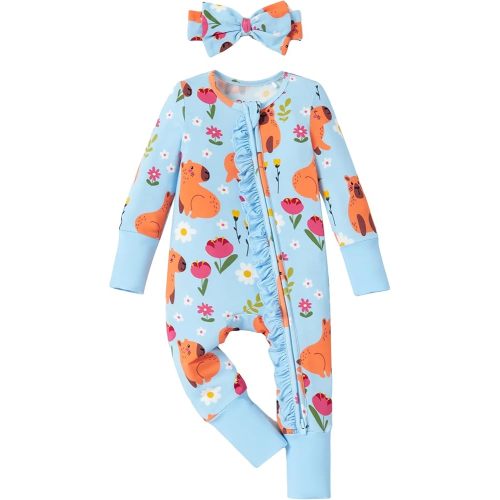 PATPAT Baby Girl Boy Footie Clothes, Bamboo Viscose, 2-Way Ruffled Zipper, Fold-Over Mittens & Cuffs with Headband