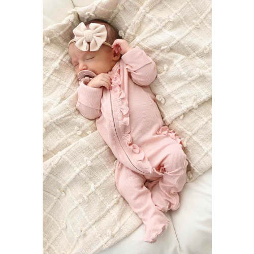 Lovely Pink Bamboo Waffle Ruffle Zipper Footie