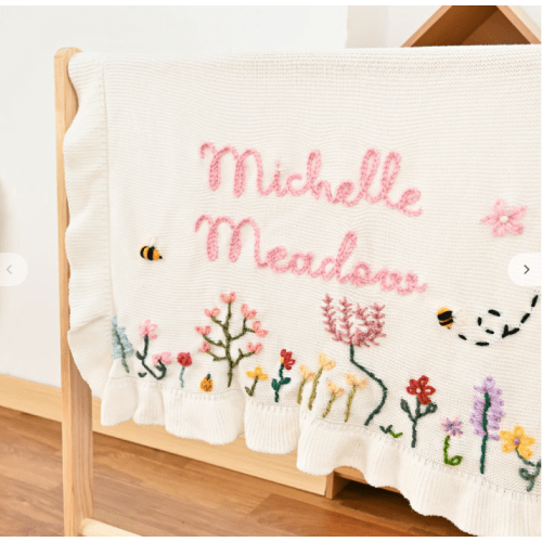 Hand Embroidered Floral Baby Name Blanket – Personalized Knit Newborn – KnittyBaby