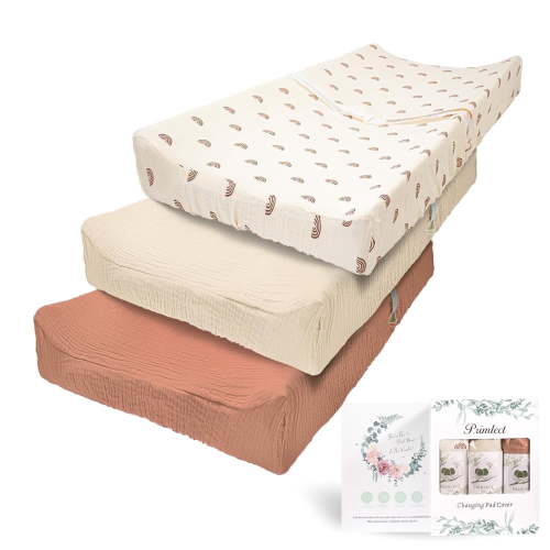 Beavtaens Muslin Changing Pad Cover, Solid Color, 100% Cotton, Washable, 3-Pack, for 0-2 Years Infant Boys Girls (Rainbows)