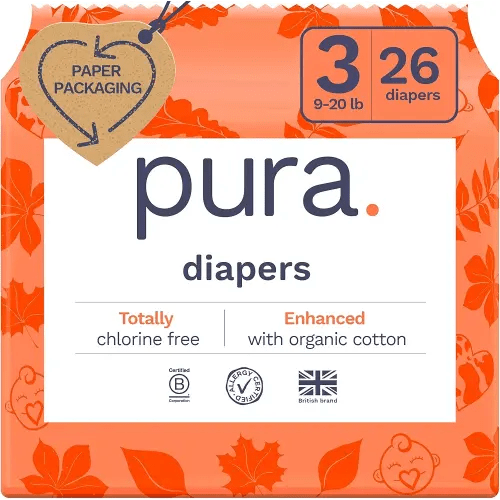 Pura Size 3 Eco-Friendly Diapers, Totally Chlorine Free, Hypoallergenic, Soft Organic Cotton, Sustainable, up to 12 Hours Leak Protection, Allergy UK, 26 Count (Pack of 1)