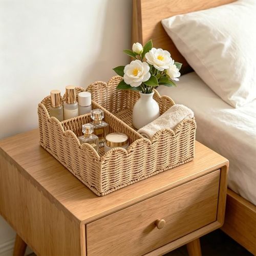 Rattan Divided Scalloped Basket,Wicker Diaper Caddy Scalloped Baske,Woven Natural Basket with 4 Dividers,Suitable for Baby Rooms, Bathrooms, Bedrooms (Paper Rope)