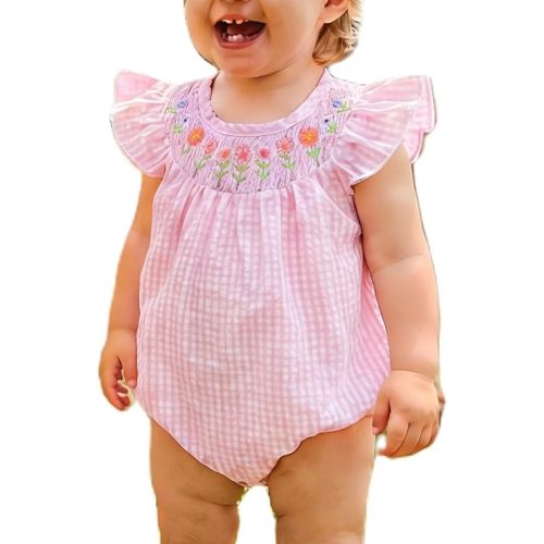 Cute Smocked Bubble Romper Western Baby Girl Clothes Gingham Embroidery Rompers Baby Girl Rodeo Outfit