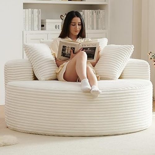 HZANHY 55''L Oversized Round Chaise Longue Chair Indoor, Corduroy Sponge Single Sofa, Oversized Round Chairs, Modern Sleeper Chair for Living Room,Projection Room, Wide Armrest Chairs Beige