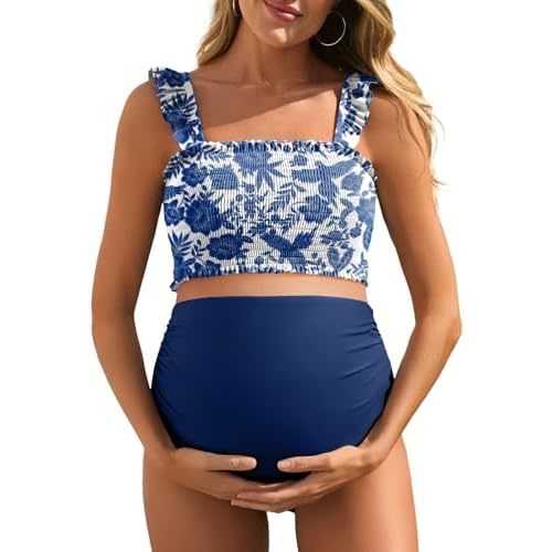 Summer Mae Maternity High Waist Bikini Swimsuit Two Piece Ruffled Hem Cute Bathing Suit Floral Pregnancy Swimwear