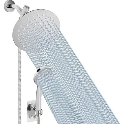 Shower Head with Hose, High-Pressure Stainless Steel 8'' Rain Shower and 5 Settings Handheld Shower Spray Combo with Push Button Flow Control for Easy Operation (Chrome)