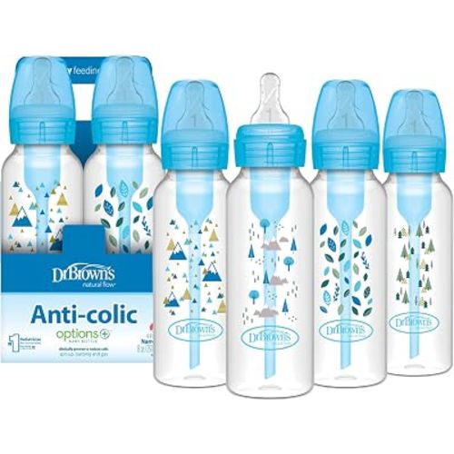 Dr. Brown's Anti-Colic Options+ Narrow Baby Bottle, Blue Nature, 4-Pack