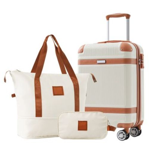 3 PCS ABS Lightweight Hard Shell Carry on Luggage(20") with Travel Bag, Spinner Wheels and TSA Lock, White - ModernLuxe