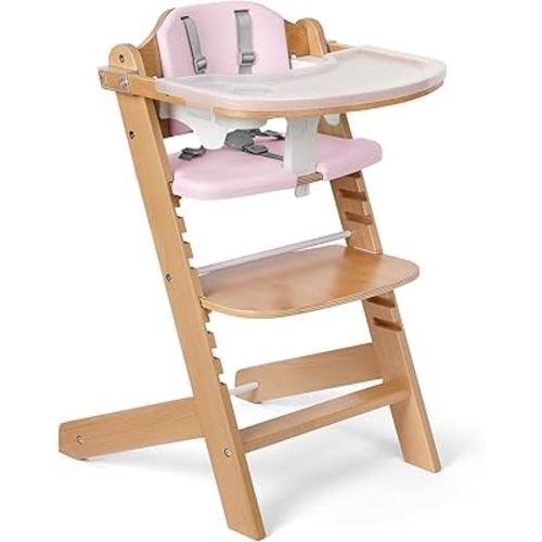 Cowiewie Natural Wooden High Chair for Babies & Toddlers 3-Tier Remove Adjustable Tray and Highchair with Cushions, Easy to Clean, Portable. (Pink)