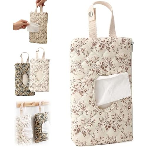 Portable Wipe Holder for Stroller, Refillable Floral Wipe Holder Quilted Wipe Pouch with Lanyard for Casual TravelHanging Diaper Caddy, Convenient Storage (Brown Leaves)