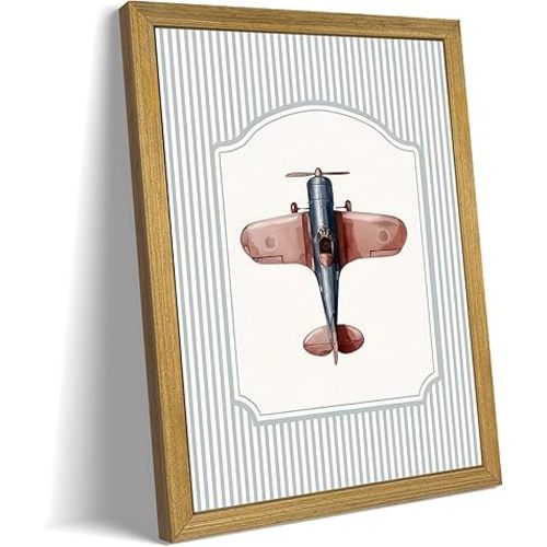 Wood Framed Vintage Airplane Wall Art, Blue Retro Airplane Canvas Print Poster, Boys Room Wall Decor Aviation Artwork for Baby Boy Nursery Kids Playroom Bedroom Travel Themed Wall Decoration 8x10 Inch