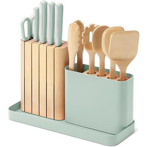 Caraway 14-Piece Kitchen Prep Set - Kitchen Knife Set & Wooden Utensil Set - Made With Premium German Steel Blades & FSC-Certified Birch Wood - Non-Toxic Materials - Includes Organizer - Mist
