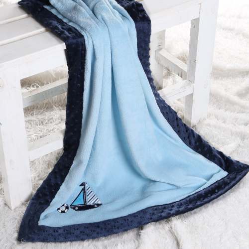 Bacati - Embroidered Plush Blanket, Little Sailor Blue/Navy