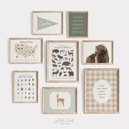Vintage Woodland Nursery Wall Art, Sage Green Forest Animals Nursery Prints, Rustic Boys Room Decor (Digital Download)