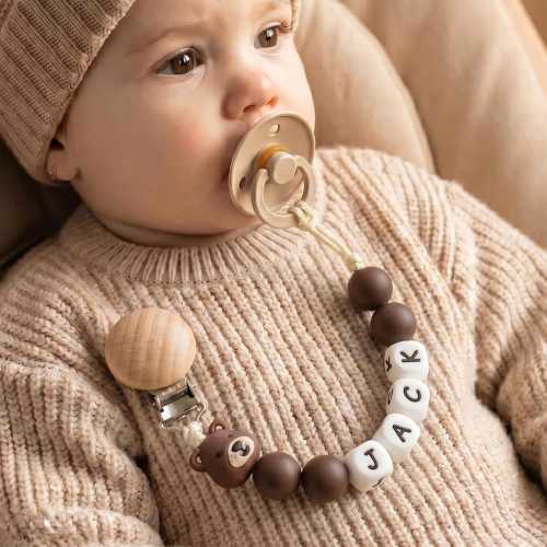 Teddy Bear Pacifier Clip, Personalized Baby Name Binky Holder, Neutral Wood Bead Paci Clip, Newborn Gift