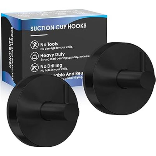 Suction Cup Hooks for Shower,Shower Hook on Glass,Windows,Tile,Mirrors,Metals,Towel Hooks for Bathrooms for Hanging Towels,Robe,Loofah-Black(2 Pack)