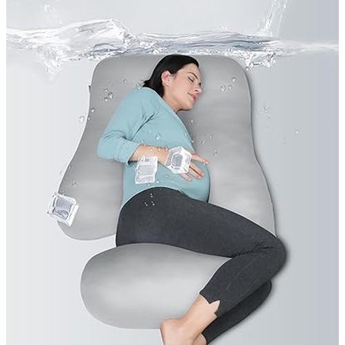 MOON PARK Pregnancy Pillows for Sleeping - U Shaped Full Body Maternity Pillow with Removable Cover - Support for Back, Legs, Belly, HIPS - 57 Inch - Light Grey - Cooling Cover