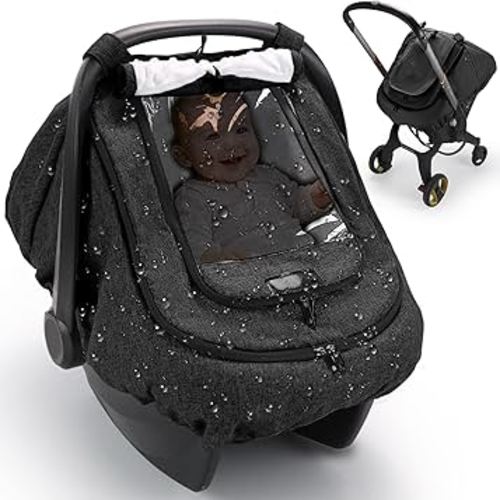 Waterproof Car Seat Cover for Baby, 2-Layer Car Seat Rain Cover with Clear Window & Sunshade & Mesh Cover, Universal Infant Carseat Canopy for Stroller, Protect from Rain and Snow - Black