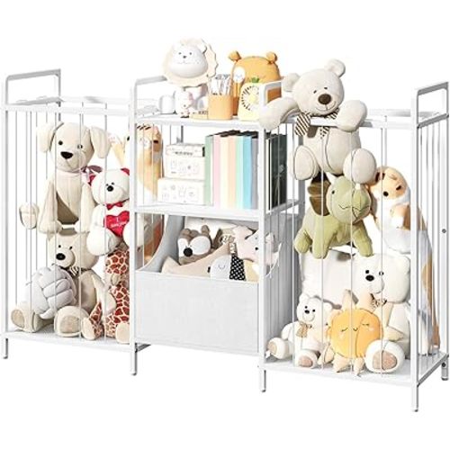Stuffed Animal Storage, Large Stuffed Animal Net with Kids Bookshelf and Toy Storage, Double-Sided Plush Toy Holder with Movable Fabric Box for Kids Room, Playroom, Nursery, White TBWT17101