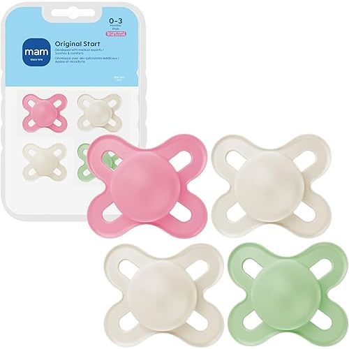 MAM Original Start Matte Baby Pacifiers, Binky for 0-3 Months, BPA-Free Silicone Nipple, Easy to Clean, Best for Newborn Babies, Developed with Medical Experts, 4 Count Binkies