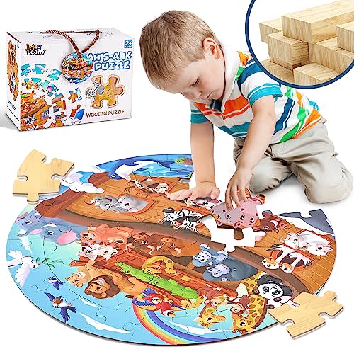 iPlay, iLearn Toddler Noah's-Ark Wooden Animal Puzzle Toy, Kid Floor Puzzle for Age 3-5, 4-8, Large 51 Pieces Round Jigsaw Puzzle Educational Gift, Stocking Stuffers for 6 7 Year Old Boy Girl Children