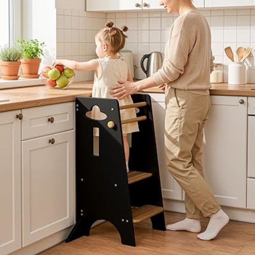 COSYLAND Toddler Standing Tower Adjustable Height - Super Stable Toddler Kitchen Stool Helper with 4 Stability Blocks - 3 Levels Adjustable Wooden Kitchen Stool for Kids (Natural & Black)