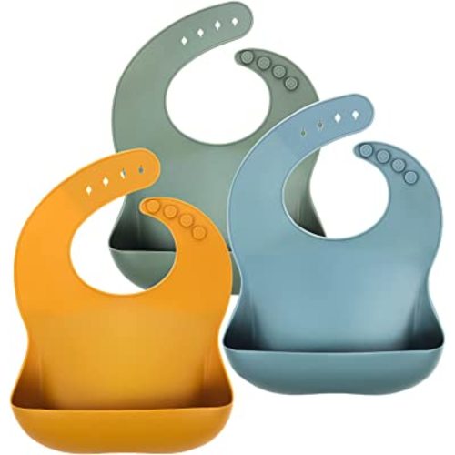 Eascrozn 3 Pack Silicone Bibs for Babies & Toddlers (6-72 months) BPA Free Unisex Soft Adjustable Fit Waterproof Feeding Baby Bibs