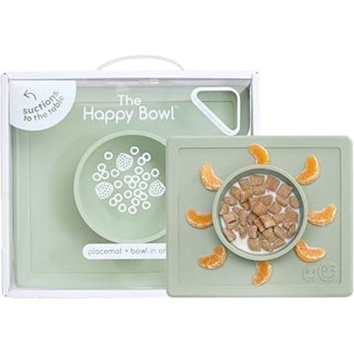 ezpz Happy Bowl - 24 Months + (Sage) - 100% Silicone Suction Bowl with Built-in Placemat – Dishwasher Safe