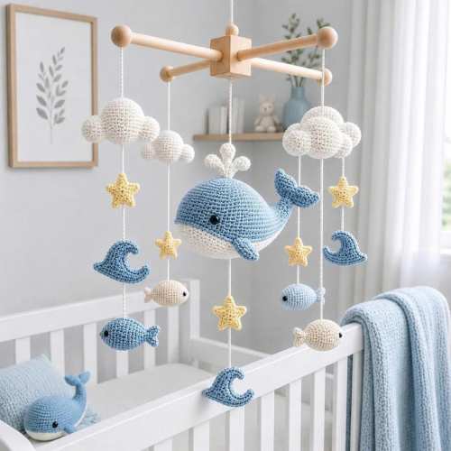 Crochet Whale Baby Mobile, Ocean Nursery Crib Mobile, Handmade Sea Animal Mobile, Whale Nursery Decor, Baby Shower Gift