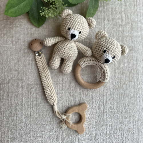 Organic Cotton Handmade Crotchet Bear Rattle, Toy, teether and Pacifier Holder Baby Shower/Birthday Gift Set., Small, Beige