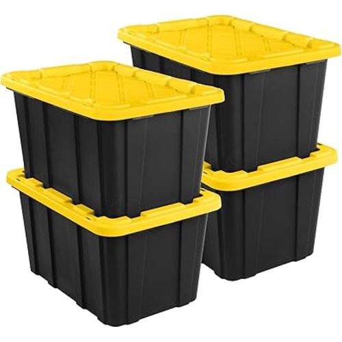 Sterilite 4-Pack 27 Gallon Industrial Storage Tote, Heavy-Duty Plastic Bins, Black/Yellow - Stackable Utility Organizers with Lids for Garage, Camping Tools, and Outdoor Gear