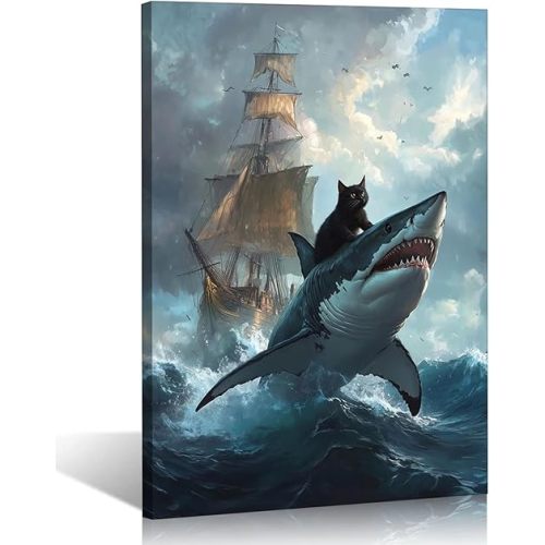 Framed Funny Black Cat Canvas Wall Art Quirky Cat Riding Shark Ocean Adventure Wall Decor Pictures Funny Animal Poster Prints for Living Room Bedroom Bathroom Home Decoration 16x24in