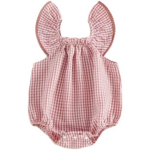 Karuedoo Newborn Infant Baby Girl Clothes Gingham Ruffle Sleeve Bubble Romper Plaid Bodysuit One Piece Summer Outfit