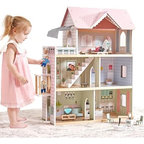 Giant bean Large Pink Wooden Dollhouse with Furniture for Girls with Doorbell, Light,Elevator, 6 Rooms 2.6ft High,17Pcs Furniture & 3 Dolls, Kids Playhouse Toy for Girls 3-7+, 31.5" x 25" x 12.2"