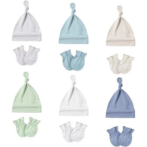 PurComfy Baby Hats and Mittens Set, Bamboo Viscose Cap and Mittens 12 Pieces, 0-6 Months Infant Newborn
