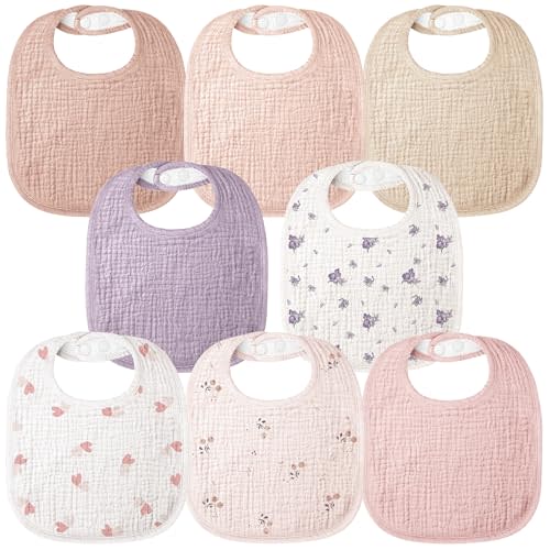 Bearmoss Baby Bibs for Drooling and Teething 100% Cotton Muslin Bibs | 8 Pack，Adjustable, Ultra Absorbent,Easy to Clean for Baby Boy & Girl，Infant,Toddler, Newborn，0-36 Months