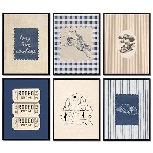 HUUHNETL 6Pcs Blue Western Cowboy Poster Wall Art Vintage Nursery Decor Picture Wall Decor Baby Boy Nursery Retro Cowboy Canvas Print Artwork for Bedroom Living Room Dorm Boy Room Home Decoration