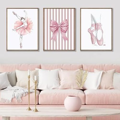 ZZJYYC Ballerina Room Decor Ballet Dance Canvas Wall Art Poster Pink Bow Wall Decor Set of 3 Coquette Wall Art for Girls Room Bedroom Colorful Paintings Prints 16x24 Inch No Frame