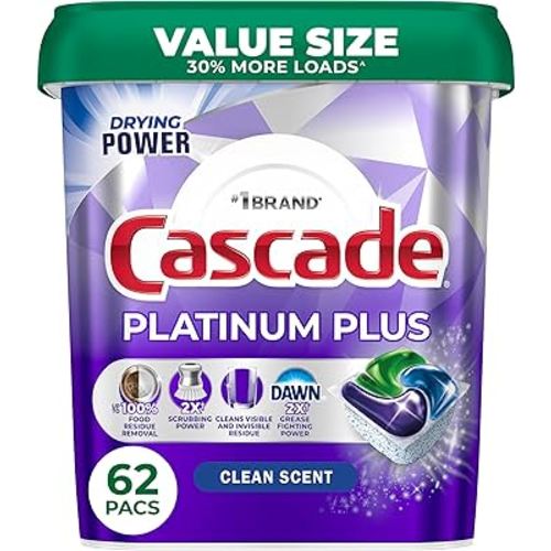 Cascade Platinum Plus Dishwasher Pods, Dish Detergent Soap, Clean Scent, 62 Count