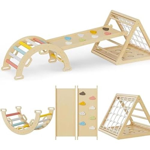 Pikler Triangle Set with Cushion, Arch and Slide, Toddler Climbing Toys Indoor Playground, Montessori Climbing Set, Indoor Jungle Gym, Wooden Pickler-3 Piece Climbing Gym for Kids 1.5-6yr