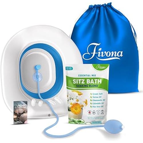 Fivona 4-in-1 Sitz Bath Soak Kit for Hemorrhoids and Postpartum Care 1 Pack of Blend Made of Epsom Salt and Essential Oils Toilet Expandable Seat Storage Bag and Hand Pump for at Home Perineal Soaking