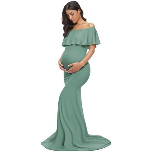 Glampunch Womens Off Shoulder Maternity Dress Ruffles Elegant Slim Gowns Fit Maxi Photography Dress