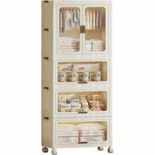 4-Tier Kids Wardrobe Closet w/Doors, Wheels & Hanging Rod - Portable Baby Clothes Organizer w/10 Hangers