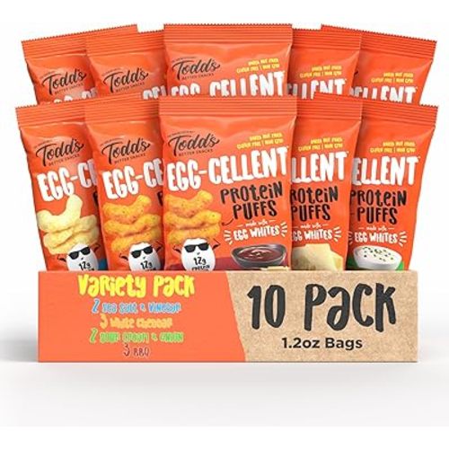 Todd's Better Snacks Egg-Cellent Protein Puffs, Variety Pack – 12g Protein, Gluten-Free, Paleo-Friendly, Baked, GLP-1 Compliant – Healthy Snack, Made with Egg Whites – 1.2 Oz (Pack of 10)