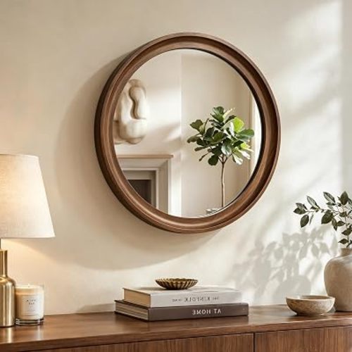 Round Wood Mirror, 20" Circle Mirror with Wooden Frame, Walnut Brown
