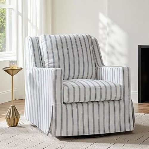 HULALA HOME Swivel Rocker Chair, Farmhouse Swivel Rocking Accent Chair with Washable Slipcover, Striped Fabric Barrel Armchair with Down Filled Cushions, Navy