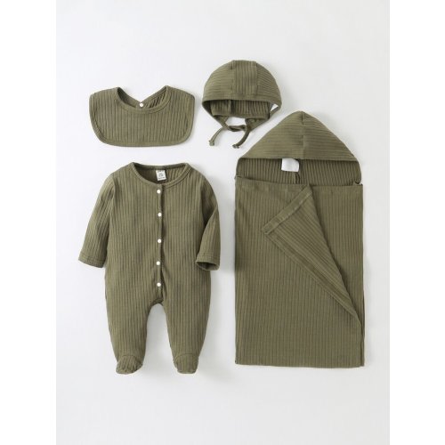 Baby Boy 4pcs Rib Knit Button Front Sleep Jumpsuit & Accessory Hat & Bib & Blanket | SHEIN