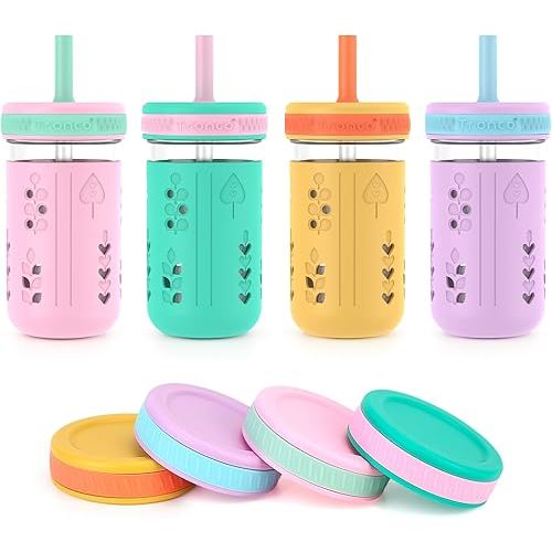 Tronco 12 oz Glass Sippy Cup for Kids & Toddlers | Mason Jar Smoothie Cups with Spill-Proof Silicone Straws, Non-Slip Silicone Sleeves & Lids, BPA-Free Snack Cups, Dishwasher Safe